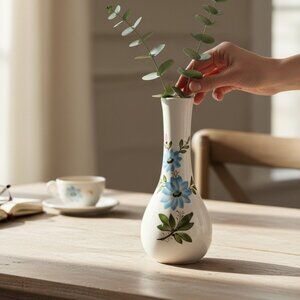 VTG FTD Bud Flower Vase White and Blue Cornflower Flowers Contemporary Decor